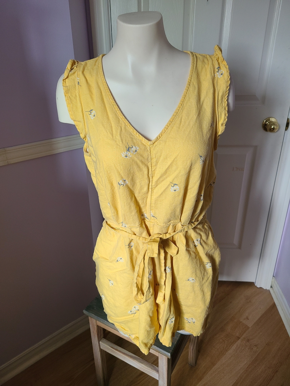 Old Navy Yellow Floral Tie-Waist Romper with Ruffle Sleeves